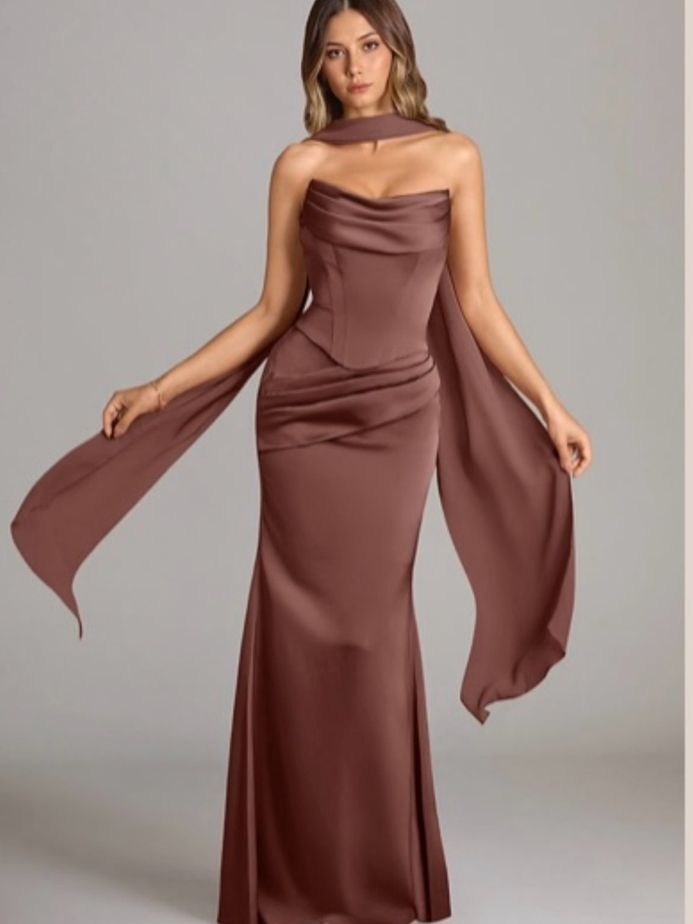 Azazie Mauve-Brown Satin Strapless Maxi with Draped Scarf